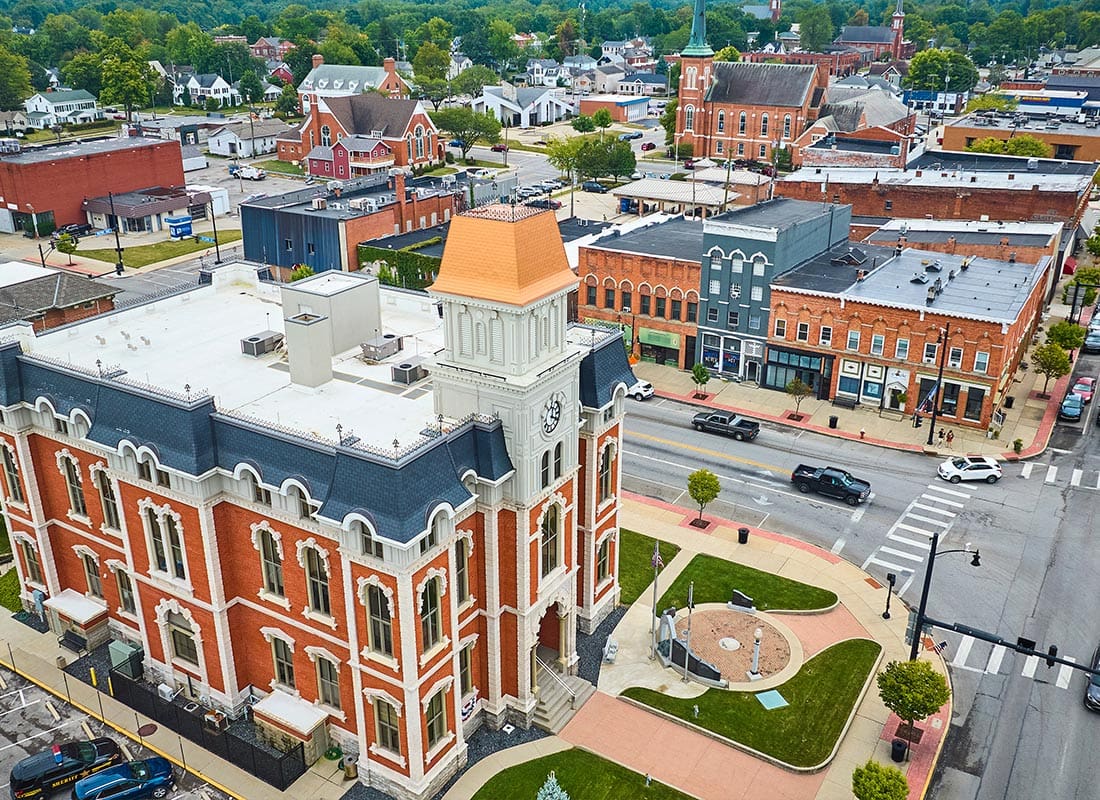 Beavercreek, OH - Aerial View of Historic Clock Tower in Defiance Ohio Town Center